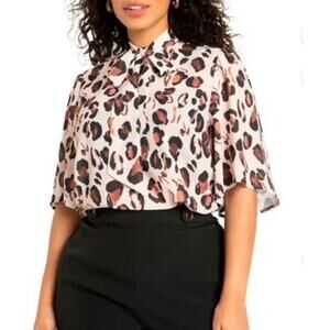 Eloquii Plus Size 18 Bow Blouse Cream Brown Abstract Leopard Print Flared Sleeve